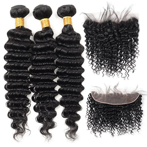 Virgin Malaysian Deep Wave 3 Bundles with 13*4 Lace Frontal
