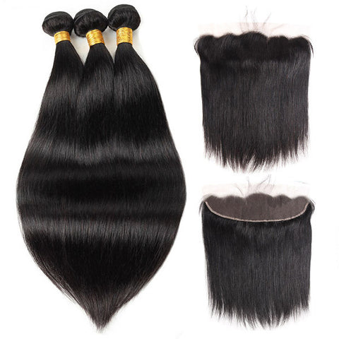 Virgin Indian Straight Hair 3 Bundles With 13*4 Lace Frontal Human Hair Extensions