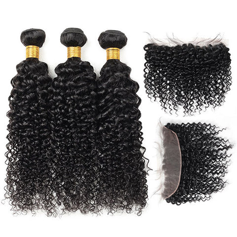 Virgin Malaysian Kinky Curly Wave 3 Bundles with 13*4 Lace Frontal Human Hair