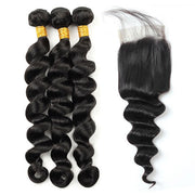 Malaysian Hair Loose Deep Wave 3 Bundles with Lace Closure Virgin Human Hair
