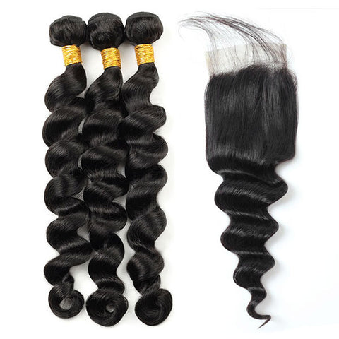 Malaysian Hair Loose Deep Wave 3 Bundles with Lace Closure Virgin Human Hair