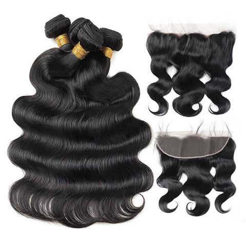 100% Human Virgin Malaysian Body Wave Hair 4 Bundles with 13*4 Frontal