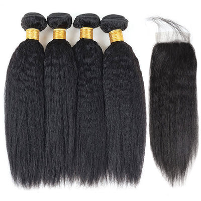 Indian Yaki Hair Kinky Straight 4 Bundles with 4*4 Lace Closure Virgin Hair