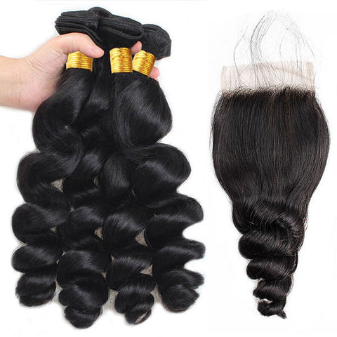 100% Virgin Malaysian Loose Wave Hair 4 Bundles with 4*4 Closure