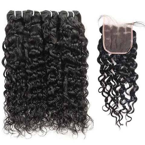 100% Virgin Malaysian Water Wave Hair 4 Bundles with 4*4 Closure