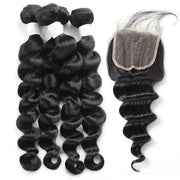 Brazilian  Loose Deep Wave 4 Bundles With 4*4 Lace Closures