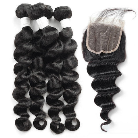 Brazilian  Loose Deep Wave 4 Bundles With 4*4 Lace Closures