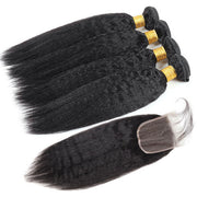 Virgin Malaysian Yaki Hair Kinky Straight 4 Bundles with 4*4 Lace Closure Virgin Hair