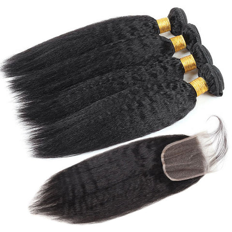 Virgin Malaysian Yaki Hair Kinky Straight 4 Bundles with 4*4 Lace Closure Virgin Hair