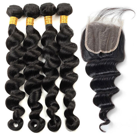 100% Virgin Malaysian Loose Deep Wave Hair 4 Bundles with 4*4 Closure